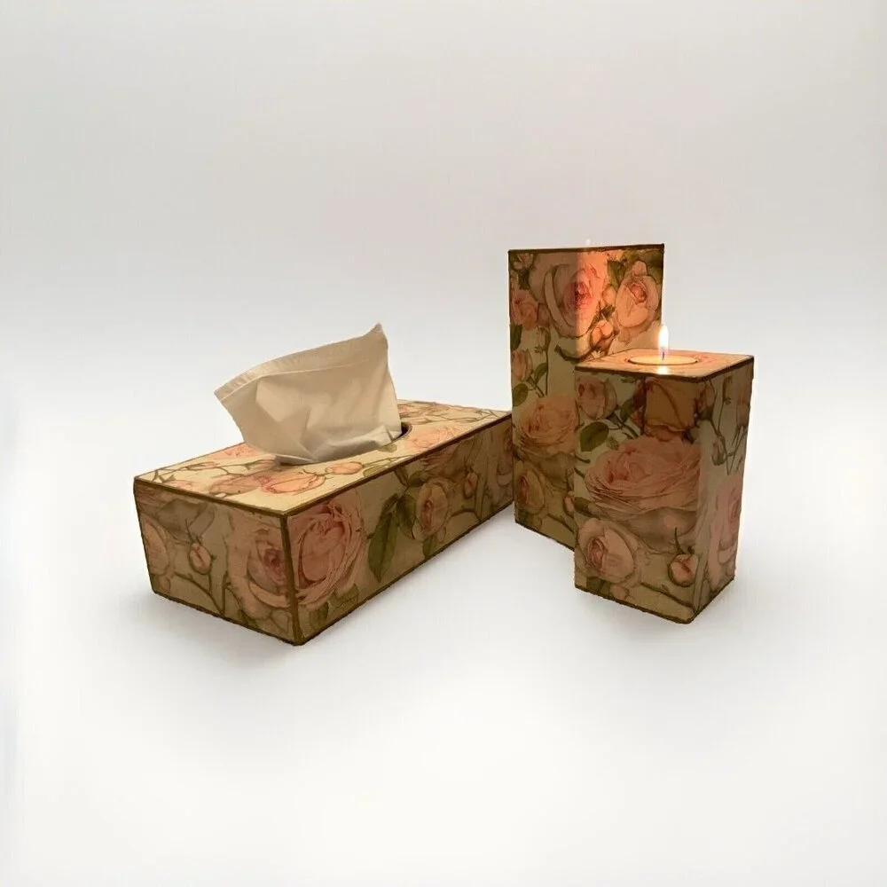 Handmade Wooden Pink Rose Candle Holders And Refillable Tissue Box Set - Picture 2 of 5